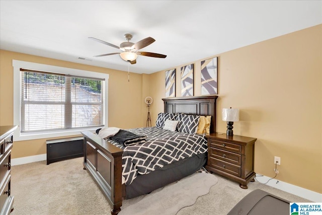 2092 Grey Oaks Ter, Pelham, AL 35124 - bedroom featuring light colored carpet, ceiling fan, baseboards, and visible vents