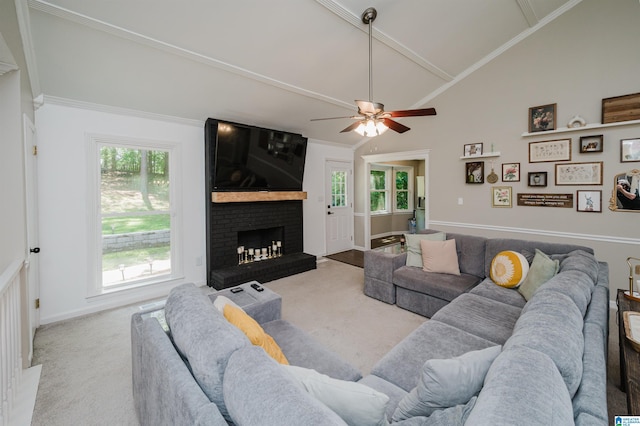 5001 Mountain View Pkwy, Birmingham, AL 35244 - living area featuring carpet floors, a fireplace, a ceiling fan, high vaulted ceiling, and baseboards