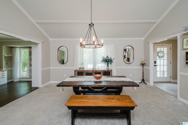 5001 Mountain View Pkwy, Birmingham, AL 35244 - dining area featuring carpet floors, a chandelier, vaulted ceiling, baseboards, and ornamental molding