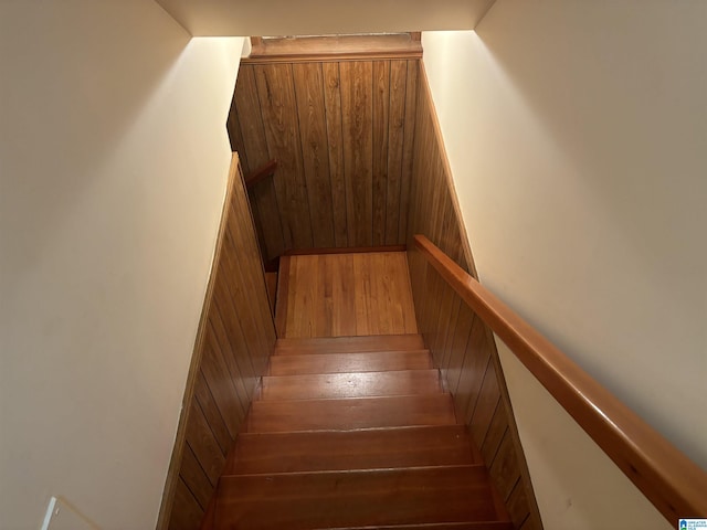stairs featuring wood walls and wood finished floors