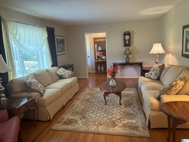 living room with a textured ceiling and wood finished floors