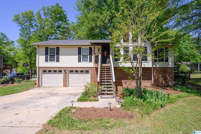 view of front of home featuring an attached garage, brick siding, stairs, and driveway