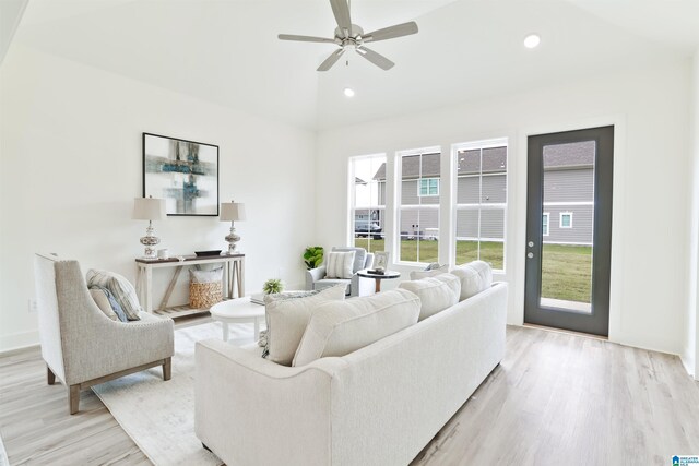 342 Shiloh Creek Dr, Calera, AL 35040 - living room with light wood-style flooring, a ceiling fan, vaulted ceiling, and recessed lighting