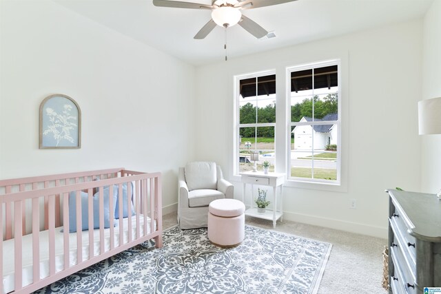 342 Shiloh Creek Dr, Calera, AL 35040 - bedroom featuring carpet flooring, baseboards, a nursery area, and a ceiling fan