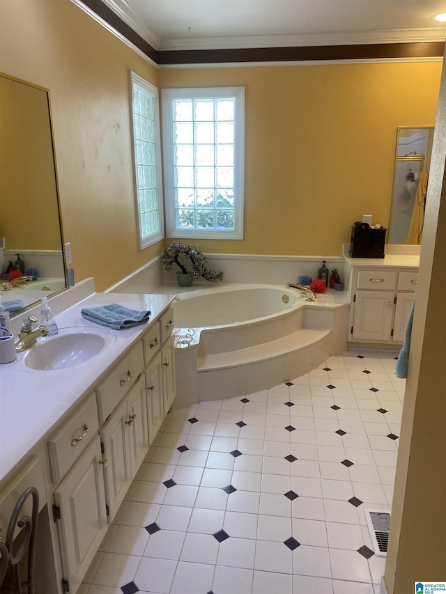 full bathroom featuring a bath, tile patterned flooring, vanity, and ornamental molding