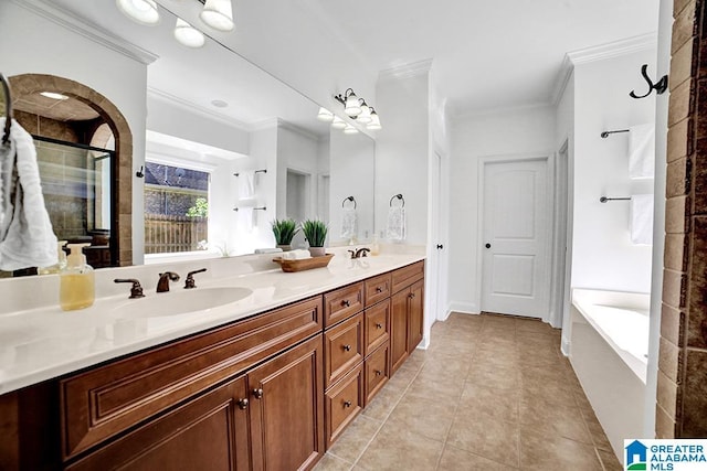 712 Valley St, Hoover, AL 35226 - bathroom with double vanity, a sink, ornamental molding, and tiled shower