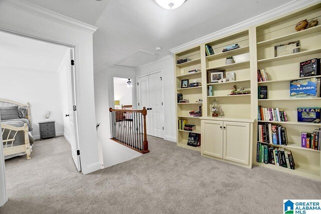 712 Valley St, Hoover, AL 35226 - interior space with ornamental molding, light carpet, an upstairs landing, baseboards, and attic access