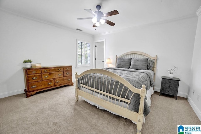 712 Valley St, Hoover, AL 35226 - bedroom with a ceiling fan, ornamental molding, visible vents, and carpet