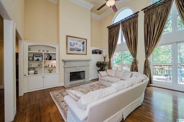 4527 High Court Cir, Hoover, AL 35242 - living area featuring a wealth of natural light, crown molding, a towering ceiling, and dark wood-style floors