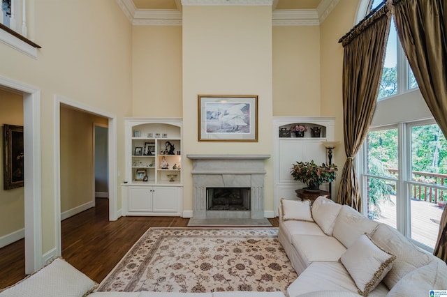 4527 High Court Cir, Hoover, AL 35242 - living area featuring dark wood finished floors, a high ceiling, crown molding, baseboards, and built in shelves