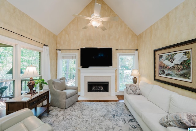 4527 High Court Cir, Hoover, AL 35242 - living area with a fireplace with flush hearth, wood finished floors, a healthy amount of sunlight, and a ceiling fan