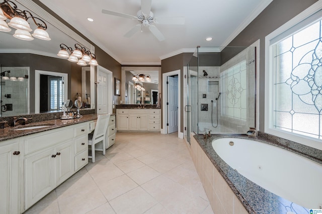 4527 High Court Cir, Hoover, AL 35242 - full bathroom featuring tile patterned floors, a ceiling fan, a sink, a bath, and a stall shower