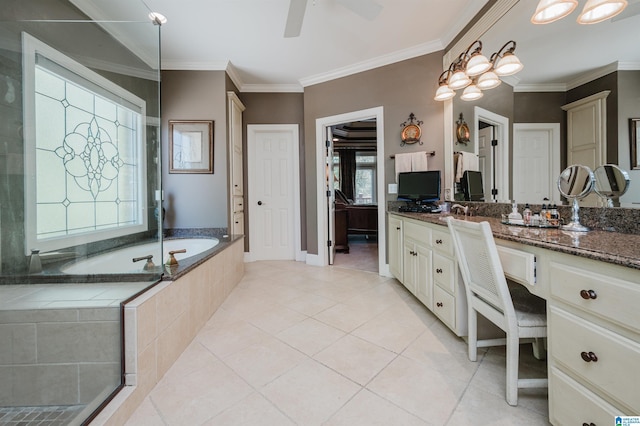 4527 High Court Cir, Hoover, AL 35242 - bathroom with a bath, a ceiling fan, tile patterned flooring, crown molding, and vanity