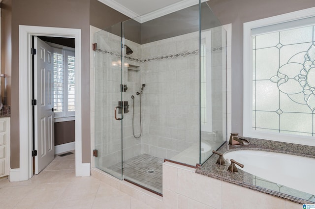 4527 High Court Cir, Hoover, AL 35242 - full bathroom with a bath, tile patterned floors, a stall shower, and ornamental molding