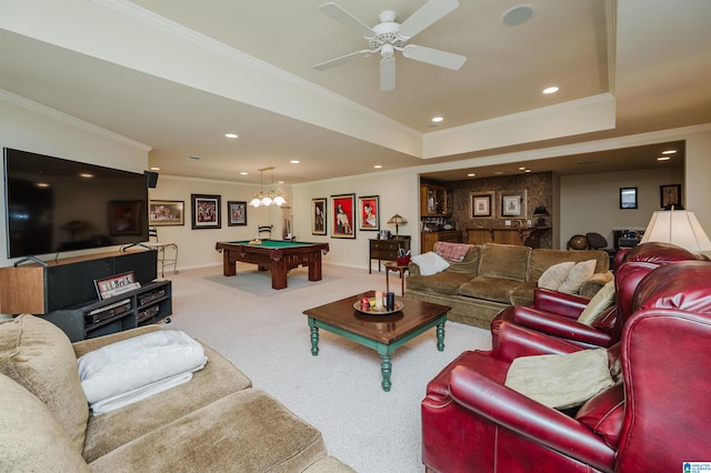 4527 High Court Cir, Hoover, AL 35242 - carpeted living area featuring ornamental molding, billiards, and recessed lighting