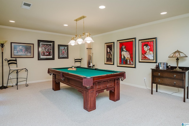 4527 High Court Cir, Hoover, AL 35242 - game room featuring billiards, visible vents, ornamental molding, baseboards, and light colored carpet