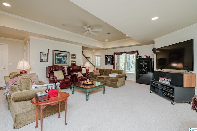4527 High Court Cir, Hoover, AL 35242 - living room featuring visible vents, carpet flooring, recessed lighting, and ornamental molding