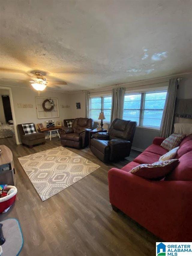 living area with a ceiling fan and wood finished floors