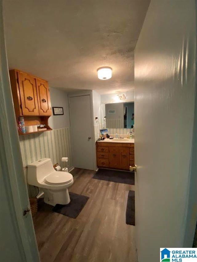 bathroom with vanity, toilet, a wainscoted wall, and wood finished floors