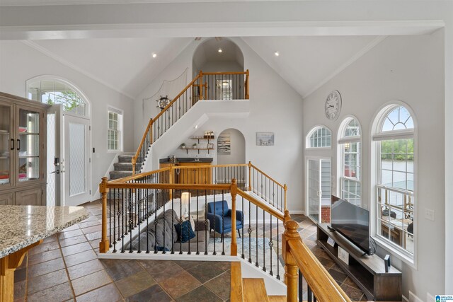 387 Misty Ln, Wedowee, AL 36278 - staircase featuring baseboards, a wealth of natural light, recessed lighting, and high vaulted ceiling