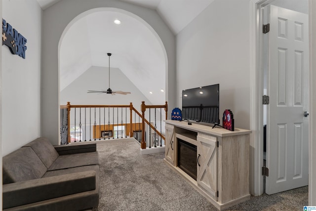 387 Misty Ln, Wedowee, AL 36278 - living room featuring high vaulted ceiling, ceiling fan, recessed lighting, and carpet