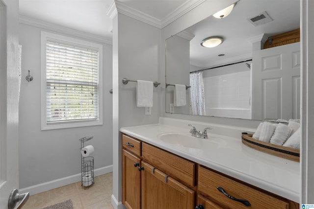 387 Misty Ln, Wedowee, AL 36278 - full bathroom featuring crown molding, vanity, baseboards, tile patterned flooring, and visible vents