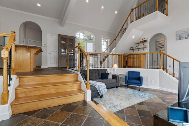 387 Misty Ln, Wedowee, AL 36278 - interior space featuring recessed lighting, stone tile flooring, a high ceiling, and stairs