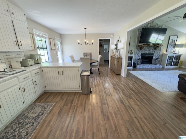 632 Bernard Couch Dr, Anniston, AL 36207 - kitchen featuring dark wood-type flooring, open floor plan, a peninsula, and a stone fireplace