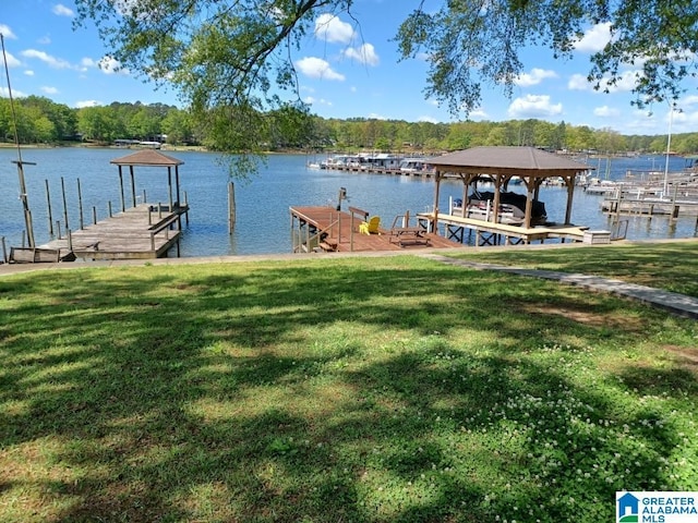 view of dock featuring a water view and a yard