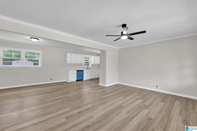unfurnished living room featuring ceiling fan, baseboards, light wood finished floors, and visible vents