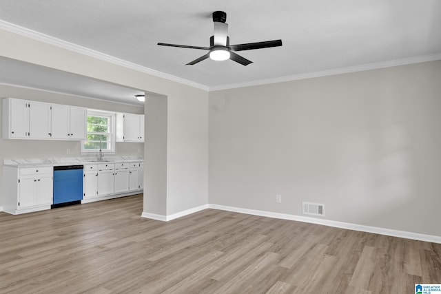 unfurnished living room with visible vents, light wood-style floors, crown molding, baseboards, and ceiling fan