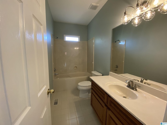 bathroom featuring washtub / shower combination, tile patterned floors, visible vents, toilet, and vanity