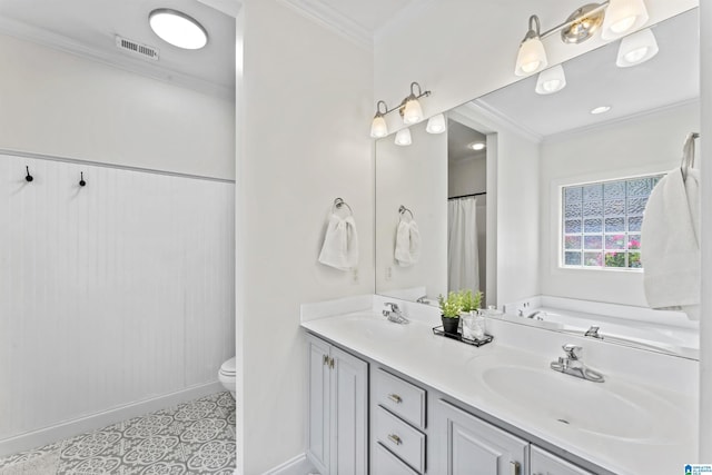 full bath with baseboards, visible vents, a sink, and ornamental molding