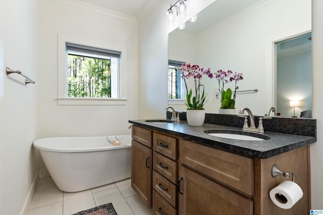full bath featuring double vanity, a sink, ornamental molding, and a freestanding bath
