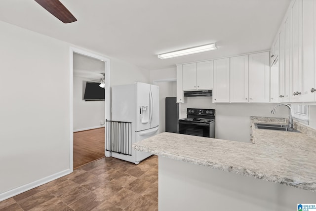 7096 US Highway 231, Cropwell, AL 35054 - kitchen featuring a peninsula, a sink, white refrigerator with ice dispenser, black range with electric stovetop, and under cabinet range hood