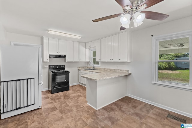 7096 US Highway 231, Cropwell, AL 35054 - kitchen featuring a sink, black range with electric stovetop, white cabinets, under cabinet range hood, and visible vents