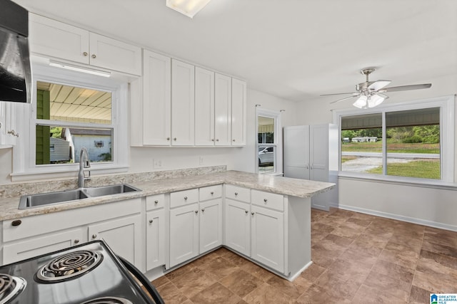 7096 US Highway 231, Cropwell, AL 35054 - kitchen featuring black range with electric cooktop, white cabinetry, a sink, and ceiling fan