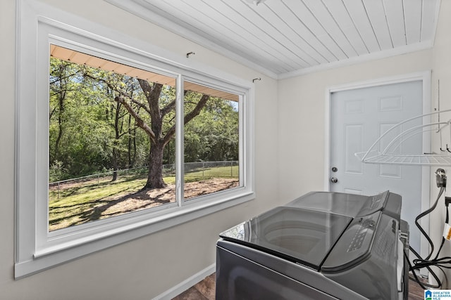 7096 US Highway 231, Cropwell, AL 35054 - laundry area with washer and clothes dryer, baseboards, wood finished floors, wood ceiling, and laundry area