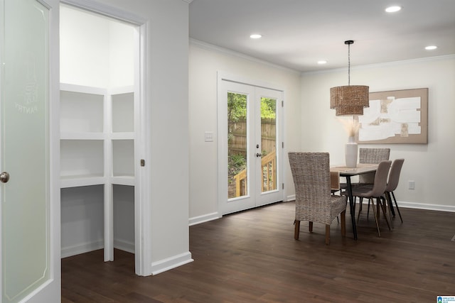 dining area with recessed lighting, ornamental molding, dark wood-style flooring, baseboards, and french doors
