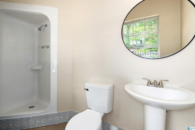 full bathroom featuring toilet, a sink, and a shower stall