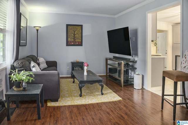 living area with wood finished floors, baseboards, and ornamental molding