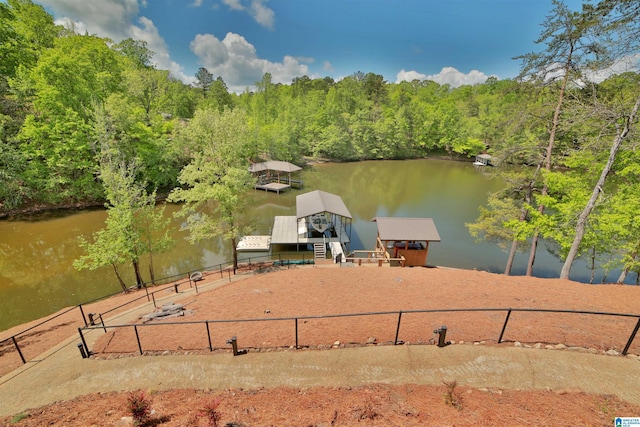 dock area with fence and a water view