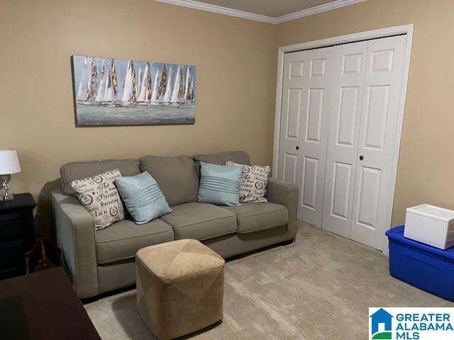 living area with light carpet and crown molding