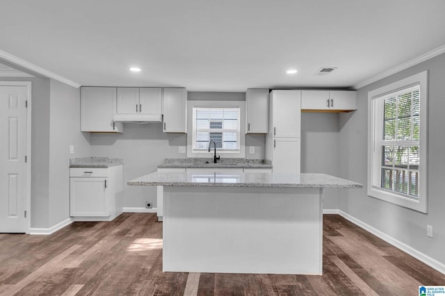 300 6th St, Docena, AL 35060 - kitchen featuring crown molding, a sink, under cabinet range hood, baseboards, and dark wood-style flooring