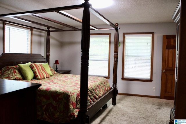carpeted bedroom with baseboards and a textured ceiling