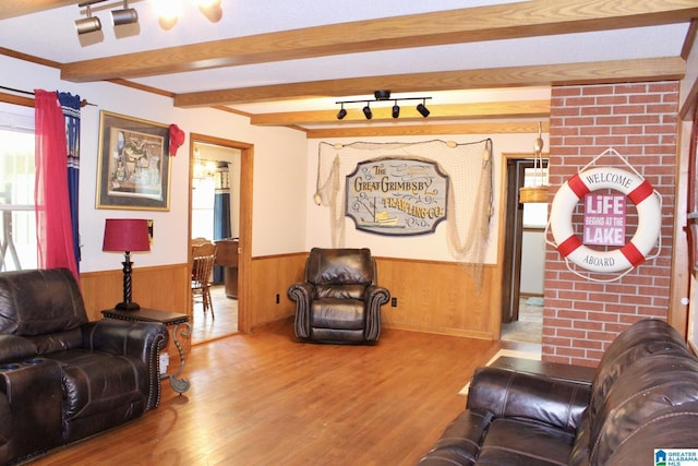 living area featuring beam ceiling, wood finished floors, a wainscoted wall, and track lighting