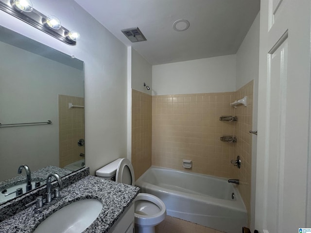full bath featuring tub / shower combination, visible vents, toilet, and vanity