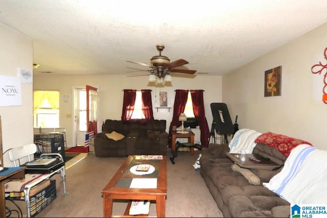 801 Walnut St, Talladega, AL 35160 - carpeted living area with a textured ceiling and ceiling fan