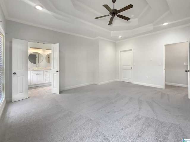 131 Willow View Ln, Wilsonville, AL 35186 - unfurnished bedroom featuring light colored carpet, recessed lighting, connected bathroom, and a raised ceiling