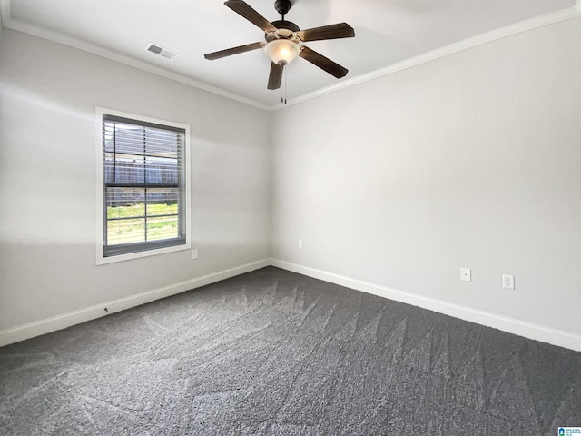131 Willow View Ln, Wilsonville, AL 35186 - empty room featuring dark colored carpet, baseboards, visible vents, ceiling fan, and crown molding